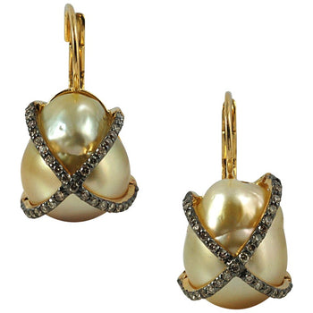 SJ3104 - South Sea Pearl with Diamond 0.65 Carat Earrings Set in 18 Karat Gold Settings