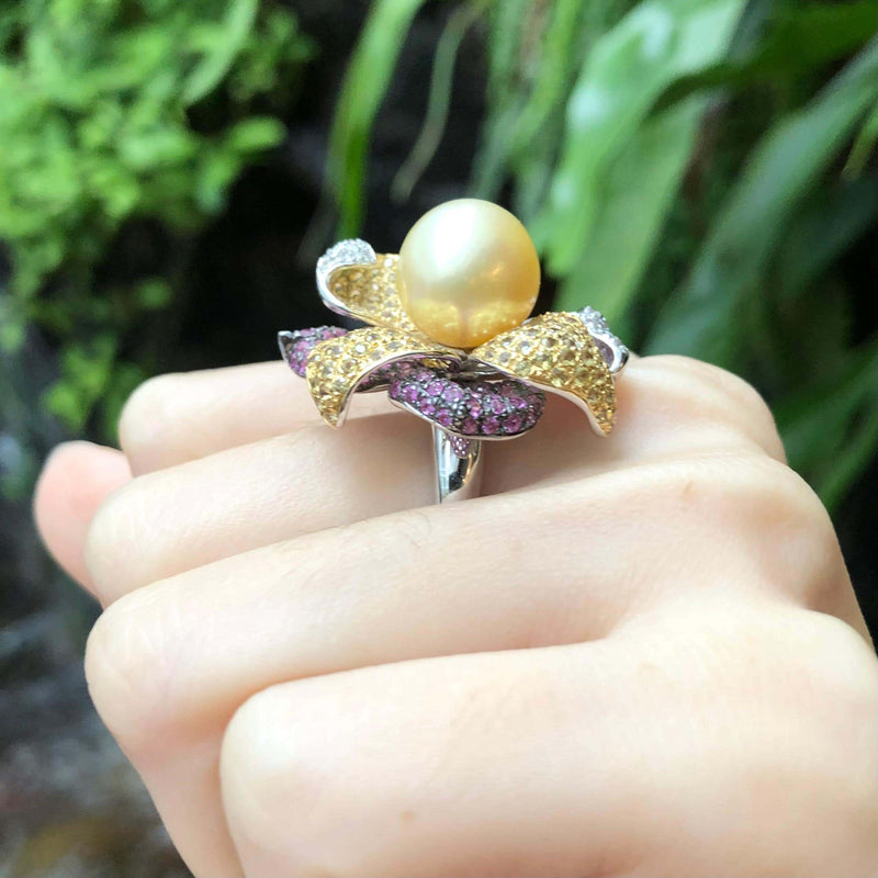 SJ6360 - South Sea Pearl, Yellow Sapphire, Pink Sapphire Flower Ring in 18K White Gold