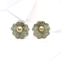 JE0030X - South Sea Pearl & Pave Green Sapphire Flower Earrings Set in 18 Karat White Gold Setting