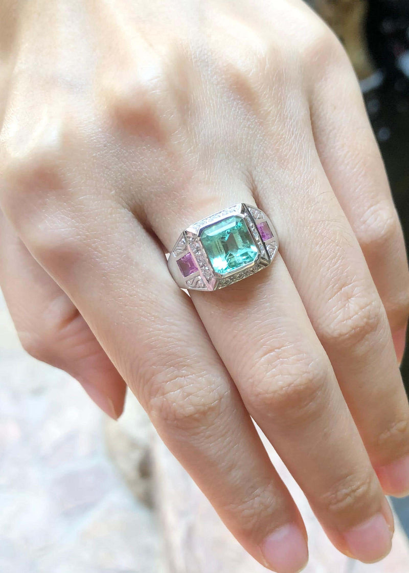 SJ2966 - Emerald, Pink Sapphire and Diamond Ring Set in 18 Karat White Gold Settings