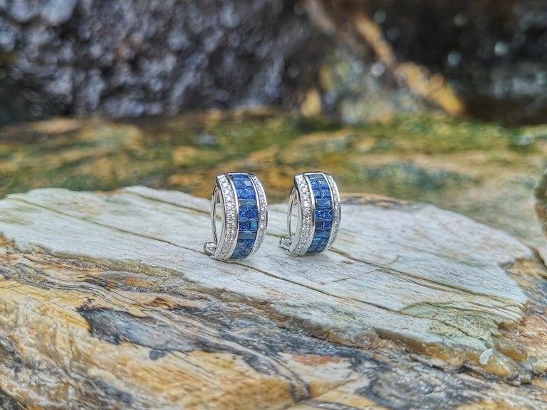 SJ1997 - Blue Sapphire with Diamond Earrings Set in 18 Karat White Gold Settings