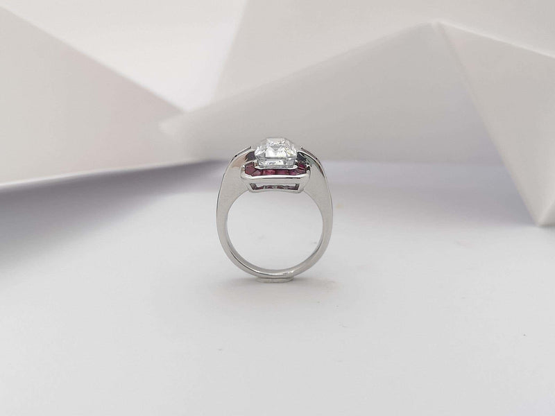 SJ2287 - White Sapphire with Ruby Ring Set in 18 Karat White Gold Settings