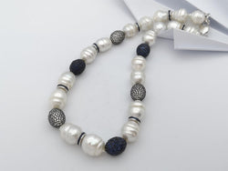 SJ6408 - South Sea Pearl, Blue Sapphire, White Sapphire Necklace set in Silver