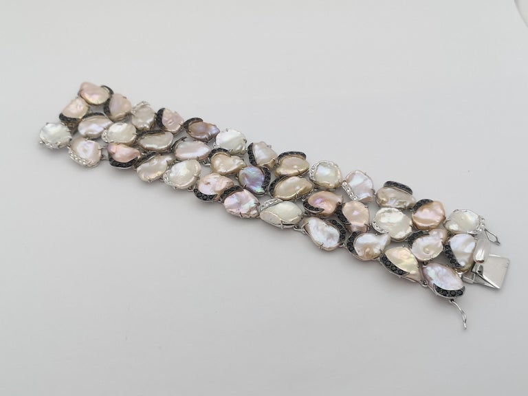 SJ3184 - Pearl, Black Sapphire and White Sapphire Bracelet set in Silver Setting
