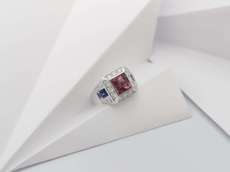 SJ3243 - Pink Tourmaline, Blue Sapphire and Diamond Ring in 18 Karat White Gold Settings