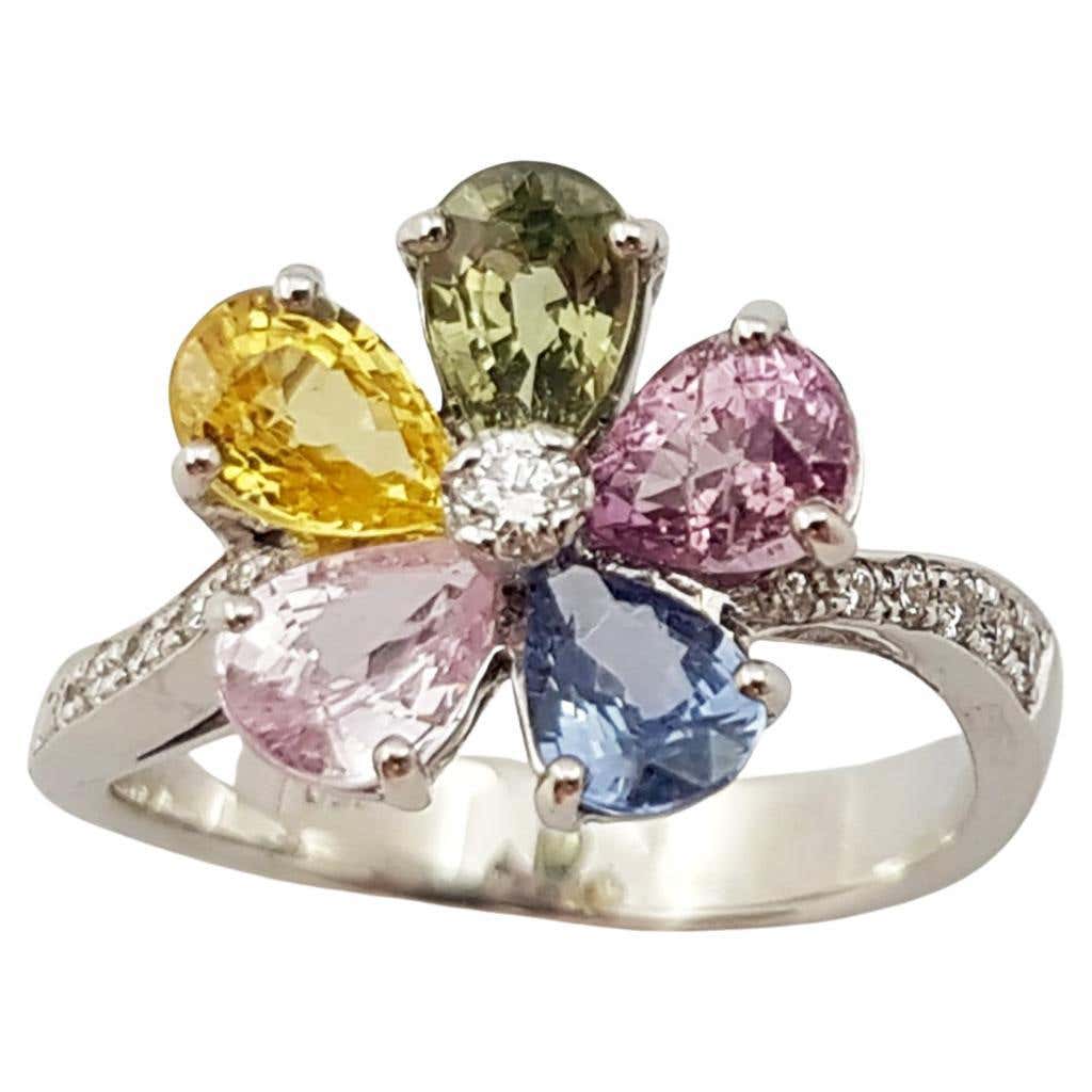 3.30 ct. t.w. Multicolored Sapphire and .10 ct. t.w. Diamond Flower Ring in  18kt Yellow Gold. Size 7