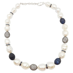 SJ6408 - South Sea Pearl, Blue Sapphire, White Sapphire Necklace set in Silver