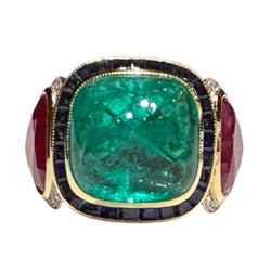 JR0341K - Sugarloaf Emerald with Ruby, Blue Sapphire & Diamond Ring Set in 18K Gold Setting