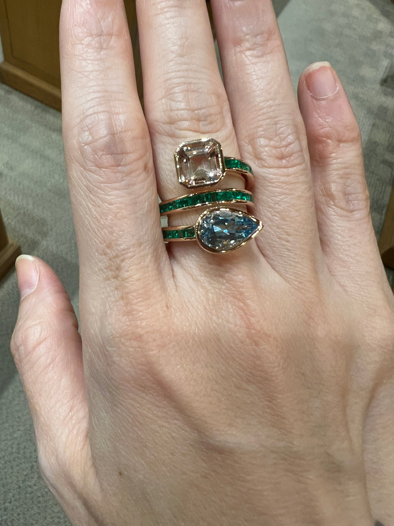 JR0077K - Aquamarine, Morganite and Emerald Ring Set in 18K Rose Gold Setting