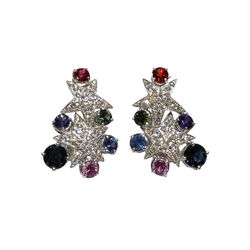 JE0583RK - Multi Color Sapphire with Diamond Earrings Set in 18K White Gold Setting