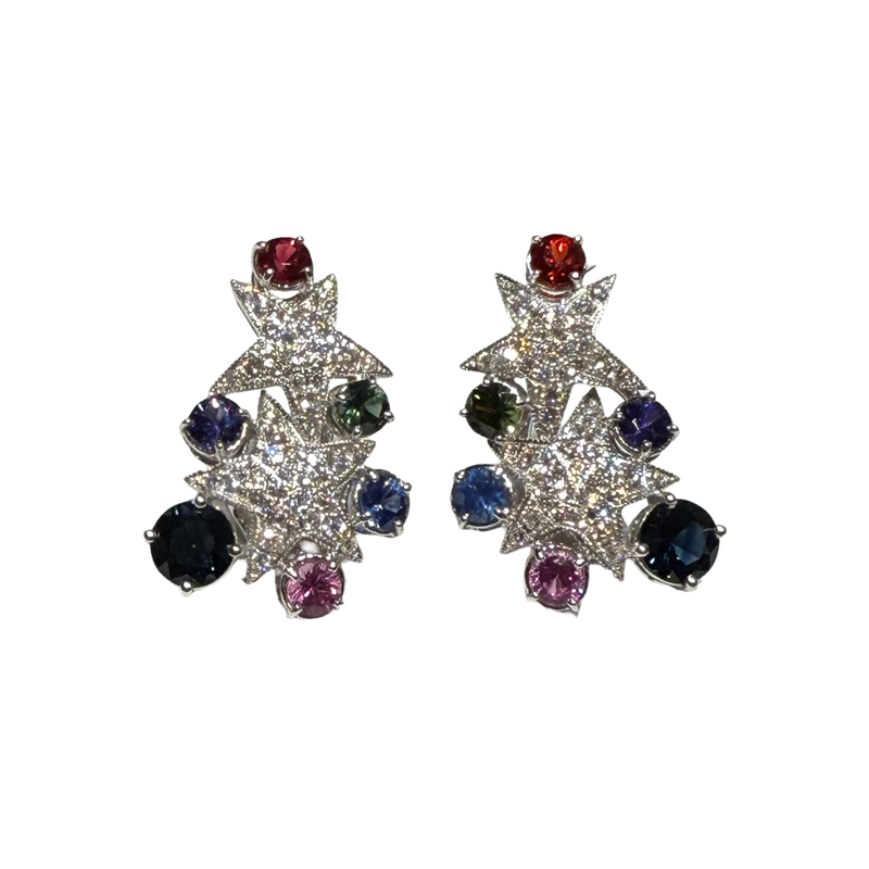 JE0583RK - Multi Color Sapphire with Diamond Earrings Set in 18K White Gold Setting