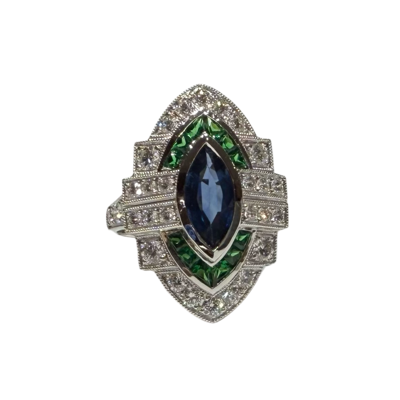 JR0518NK - Blue Sapphire, Tsavorite, and Diamond Art Deco Style Ring Set in 18K White Gold Setting