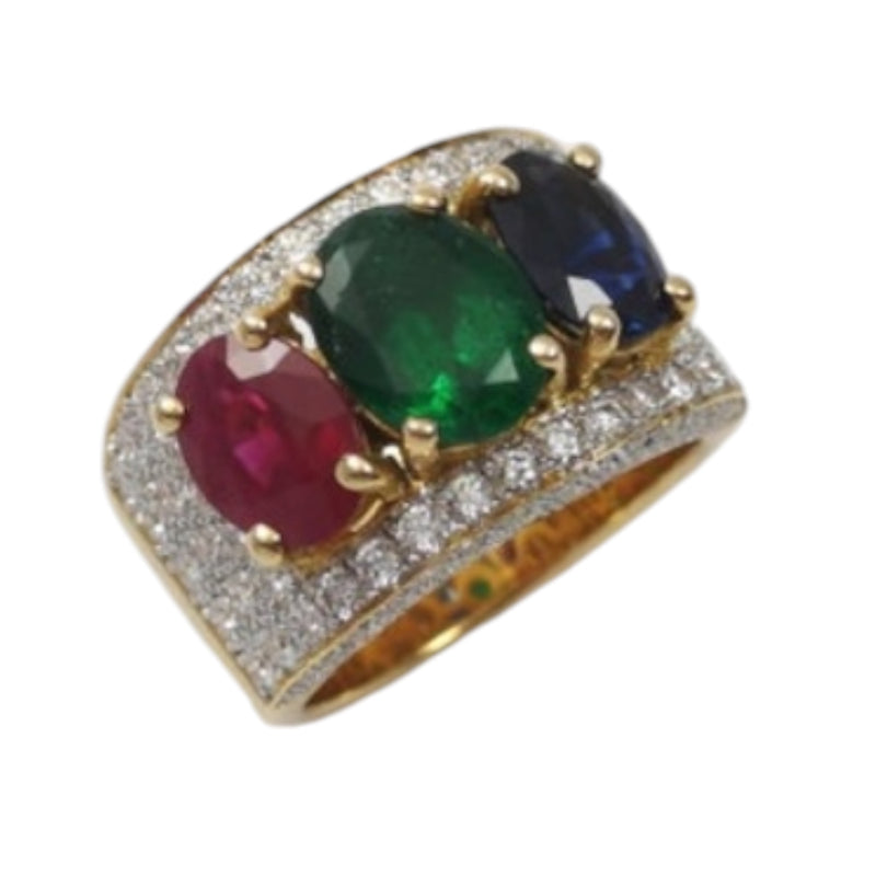 JR0982R - Blue Sapphire, Ruby, Emerald and Diamond Ring set in 18K Gold Setting