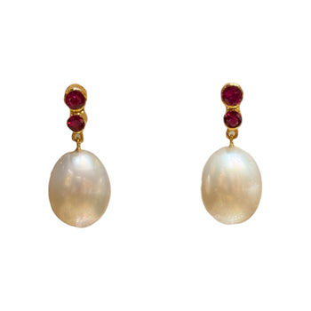 JE0440K - South Sea Pearl with Ruby Earrings Set in 18K Gold Setting