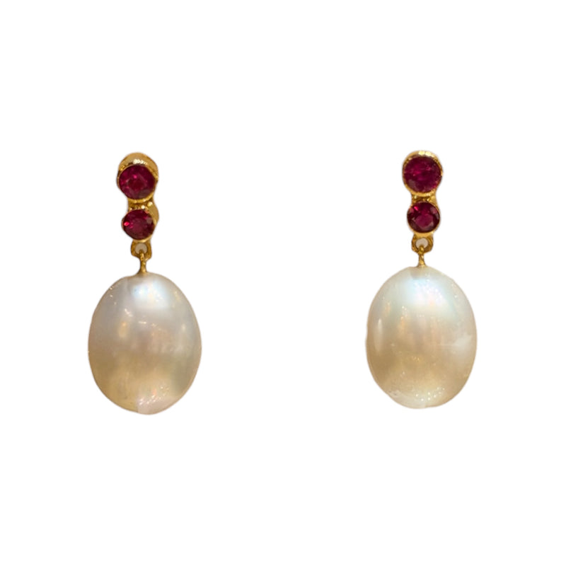 JE0440K - South Sea Pearl with Ruby Earrings Set in 18K Gold Setting