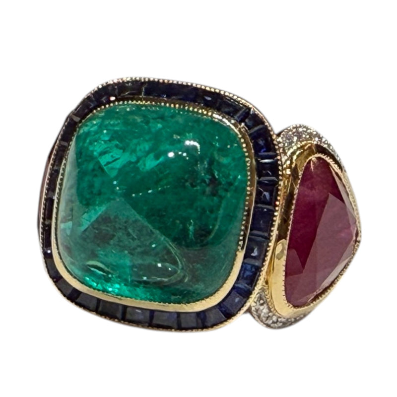 JR0341K - Sugarloaf Emerald with Ruby, Blue Sapphire & Diamond Ring Set in 18K Gold Setting
