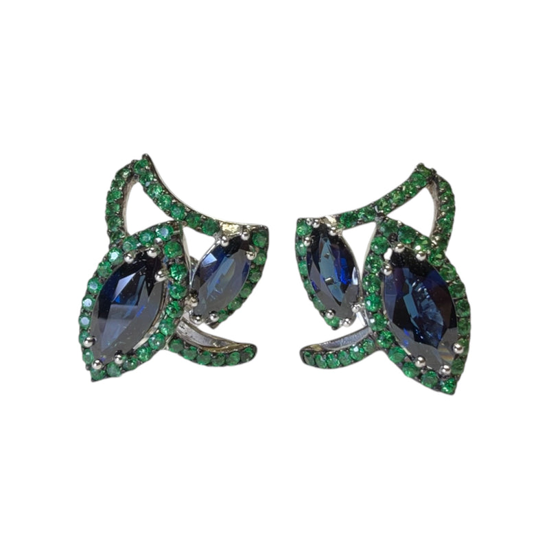 Marquise Sapphire with Tsavorite Earrings Set in 18K White Gold Setting