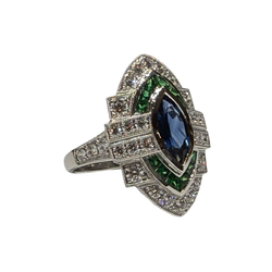 JR0518NK - Blue Sapphire, Tsavorite, and Diamond Art Deco Style Ring Set in 18K White Gold Setting