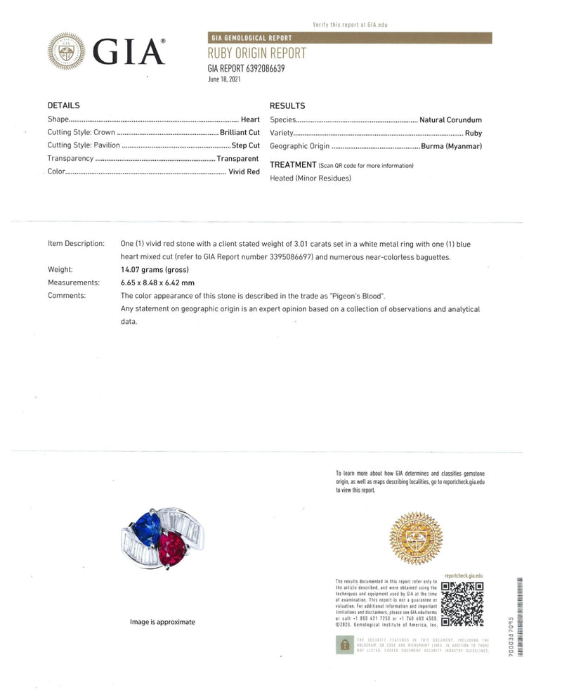 JR0953Y - GIA Certified Heart Shape Burmese Ruby, Sapphire with Diamond Ring Set in Platinum Setting
