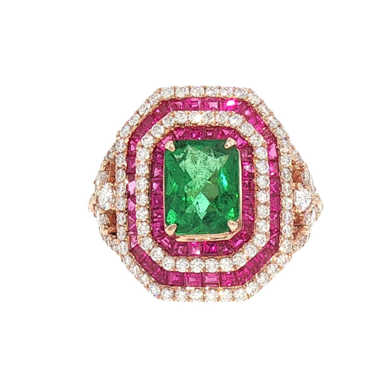 JR0434K - Emerald, Pink Sapphire, and Diamond Ring Set in 18K Rose Gold Setting