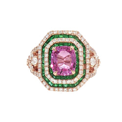 JR0422K - Unheated Pink Sapphire with Emerald and Diamond Ring Set in 18K Rose Gold Setting