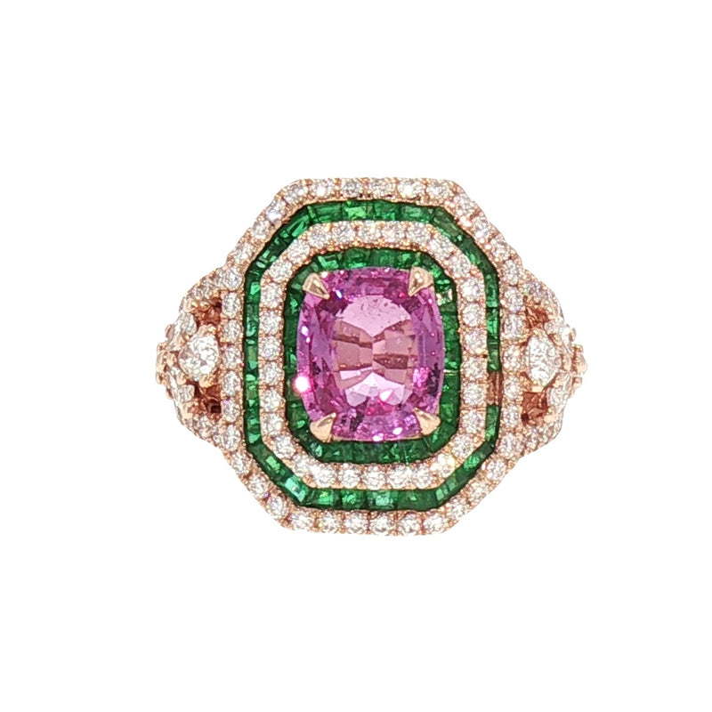 JR0422K - Unheated Pink Sapphire with Emerald and Diamond Ring Set in 18K Rose Gold Setting