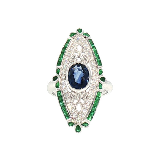 JR0421K - Blue Sapphire, Emerald, and Diamond Art Deco Style Ring Set in 18K White Gold Setting