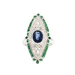 JR0421K - Blue Sapphire, Emerald, and Diamond Art Deco Style Ring Set in 18K White Gold Setting