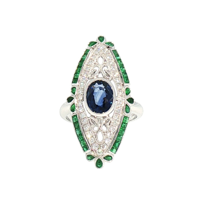 JR0421K - Blue Sapphire, Emerald, and Diamond Art Deco Style Ring Set in 18K White Gold Setting