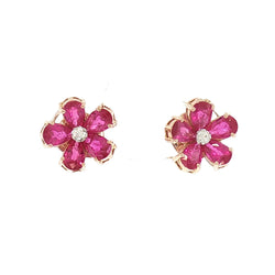JE0351K - Ruby and Diamond Flower Earrings Set in 18K Gold Setting