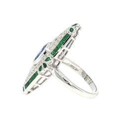 JR0421K - Blue Sapphire, Emerald, and Diamond Art Deco Style Ring Set in 18K White Gold Setting