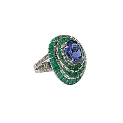 JR0006K - Tanzanite with Emerald & Diamond Ring set in 18k White Gold Setting