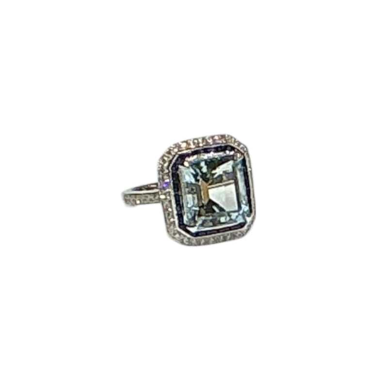 JR0007K Aquamarine with Blue Sapphire & Diamond Ring set in 18k White Gold Setting