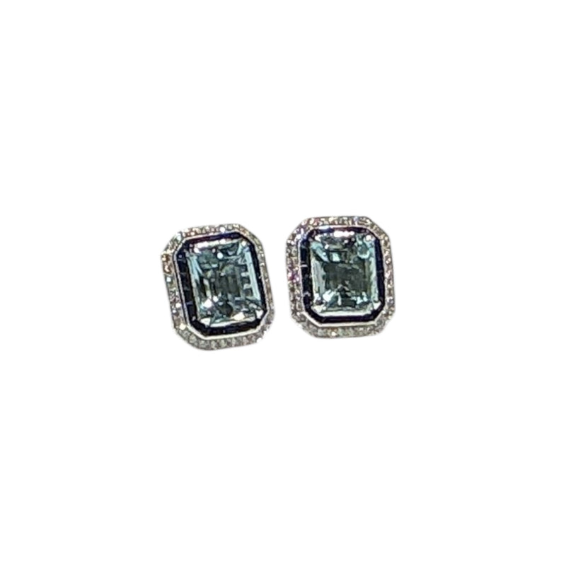 JE0003K - Aquamarine and Blue Sapphire & Diamond Earrings set in 18k White Gold Setting