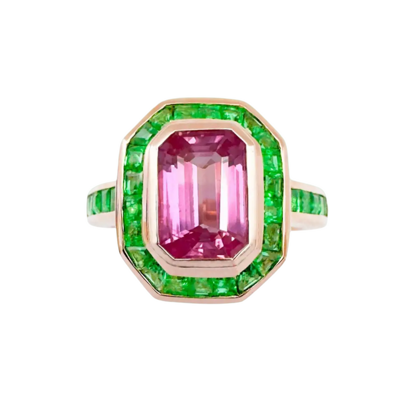 JR0565L - Pink Sapphire with Emerald Ring set in 18K Rose Gold Setting