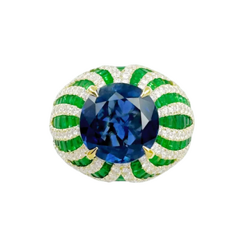 JR0561L - Blue Sapphire, Emerald and Diamond Ring set in 18K Gold Setting