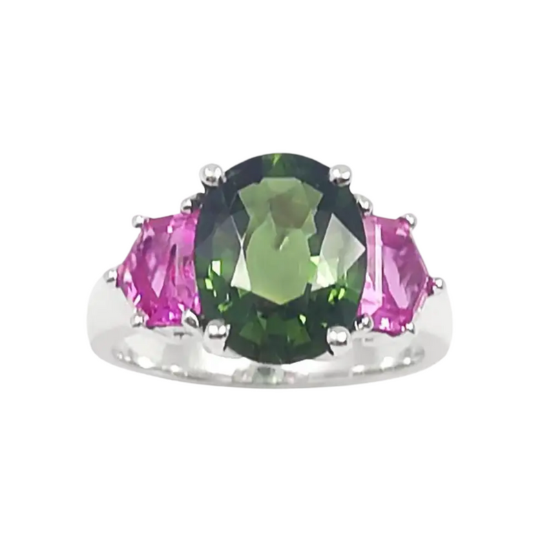 JR0480O - Green Sapphire with Pink Sapphire Ring set in 18K White Gold Setting