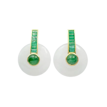 JE0485L - Jade, Emerald and Cabochon Emerald Earrings set in 18K Gold Setting
