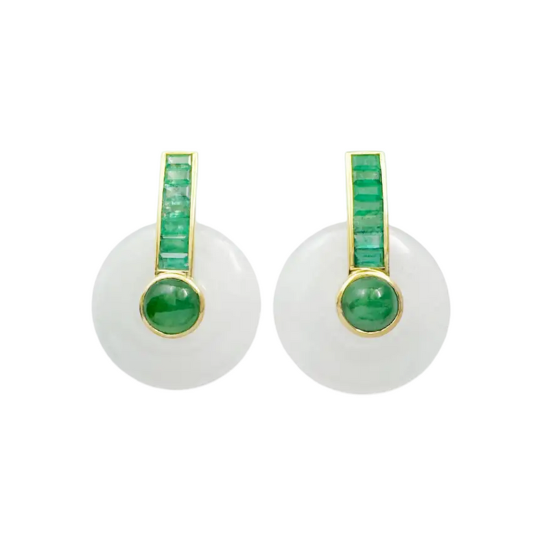 JE0485L - Jade, Emerald and Cabochon Emerald Earrings set in 18K Gold Setting