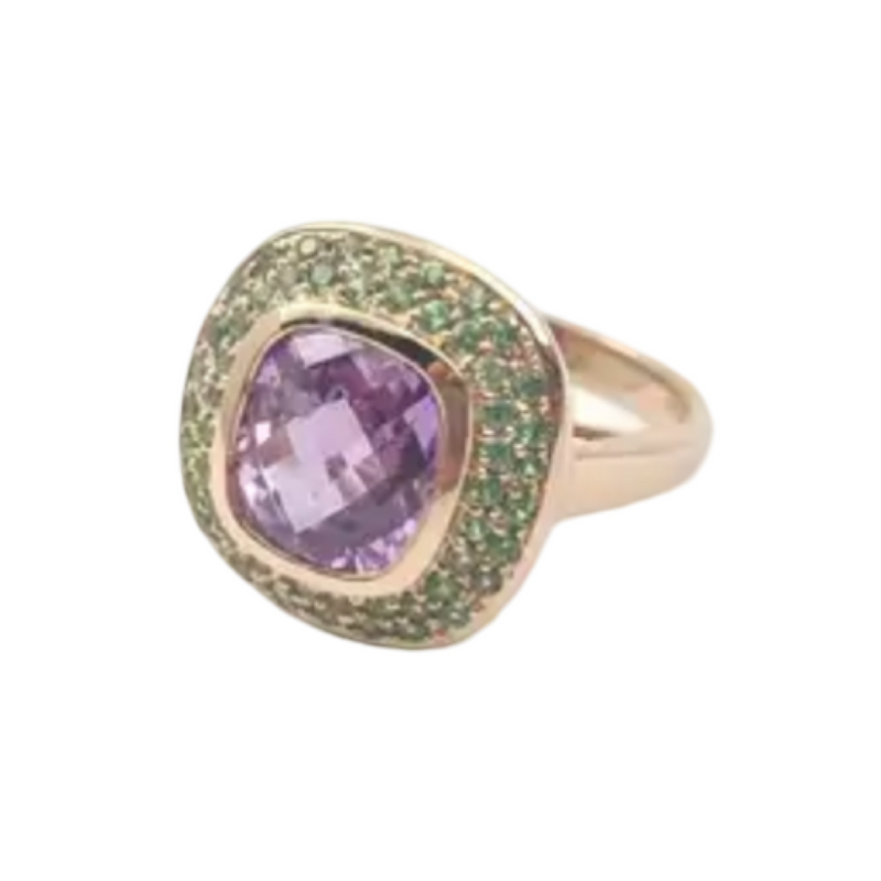 JR0128L - Unheated Pink Sapphire with Tsavorite Ring set in 18K Rose Gold Setting