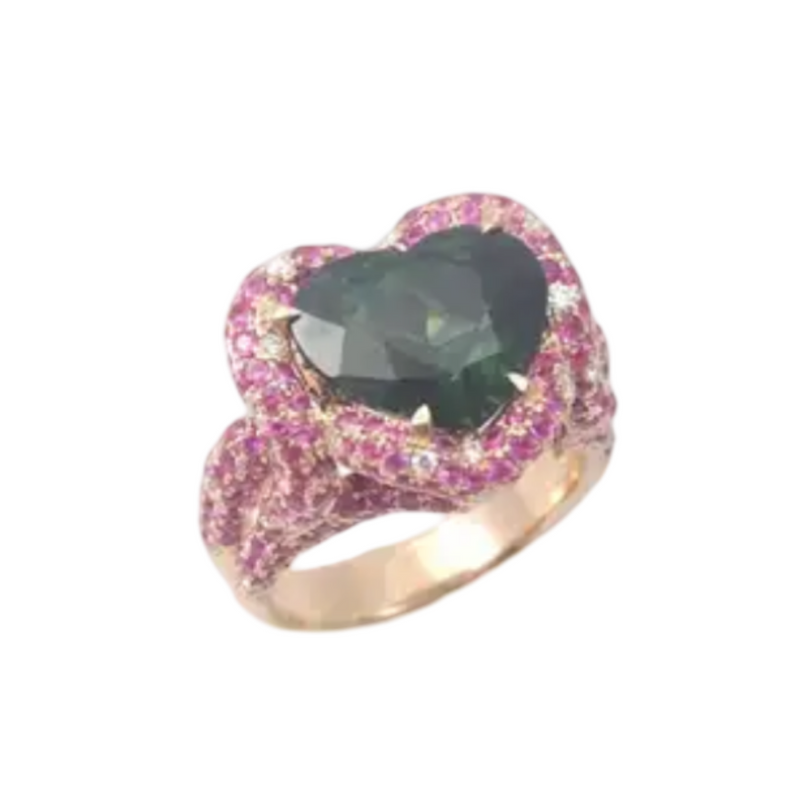 JR0132L - GIA Certified Unheated Heart Shape Green Sapphire, Pink Sapphire Ring in 18K Rose Gold