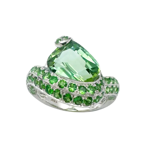 JR0502L - Mint Green Tourmaline with Pave Tsavorite Ring set in 18K White Gold Setting