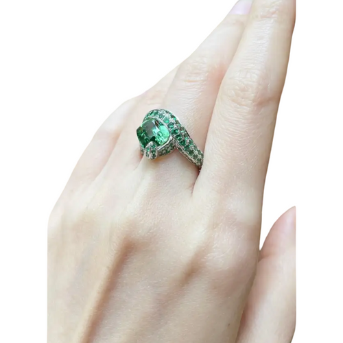 JR0502L - Mint Green Tourmaline with Pave Tsavorite Ring set in 18K White Gold Setting