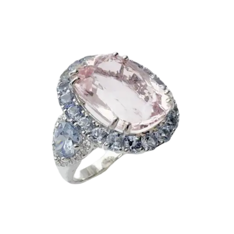 JR0515M - Morganite with Pastel Blue Sapphire and Diamond Ring set in 18K White Gold Setting