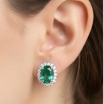 JE0446L - Emerald with Diamond Earrings set in 18K White Gold Setting