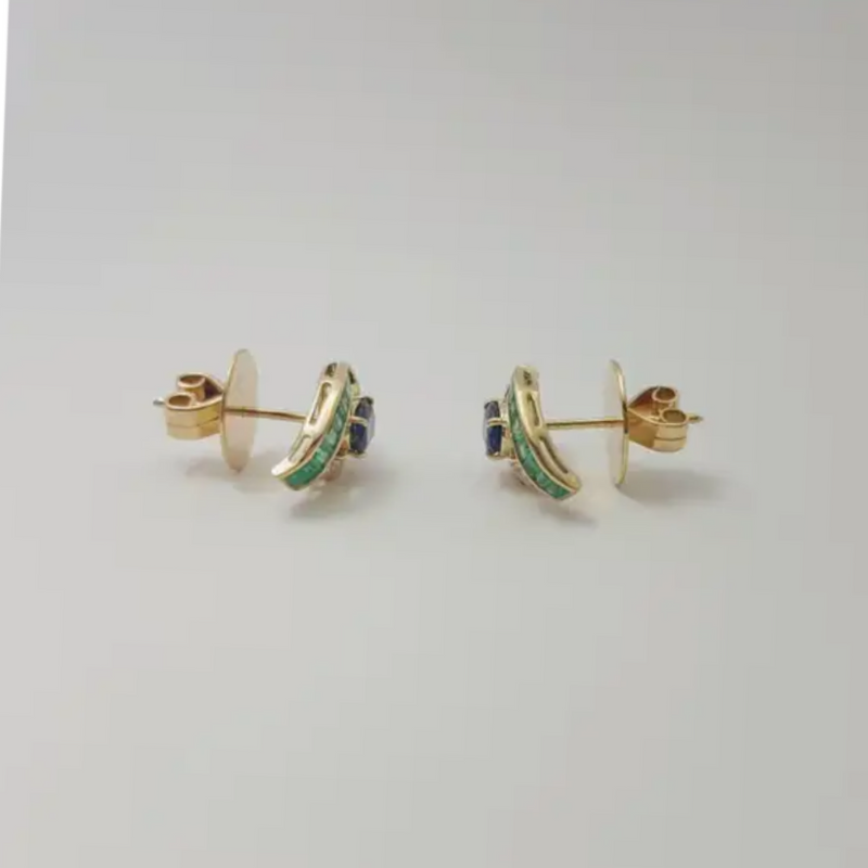 JE0336L - Blue Sapphire, Emerald and Diamond Evil Eyes Earrings set in 18K Gold Setting