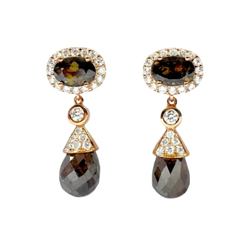 JE0418L - Brown Sapphire, Briolette Brown Diamond with Diamond Earrings set in 18K Rose Gold Setting