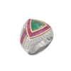 JR0286L - Trillion Columbian Emerald, Pink Sapphire and Diamond Ring set in 18K White Gold Setting