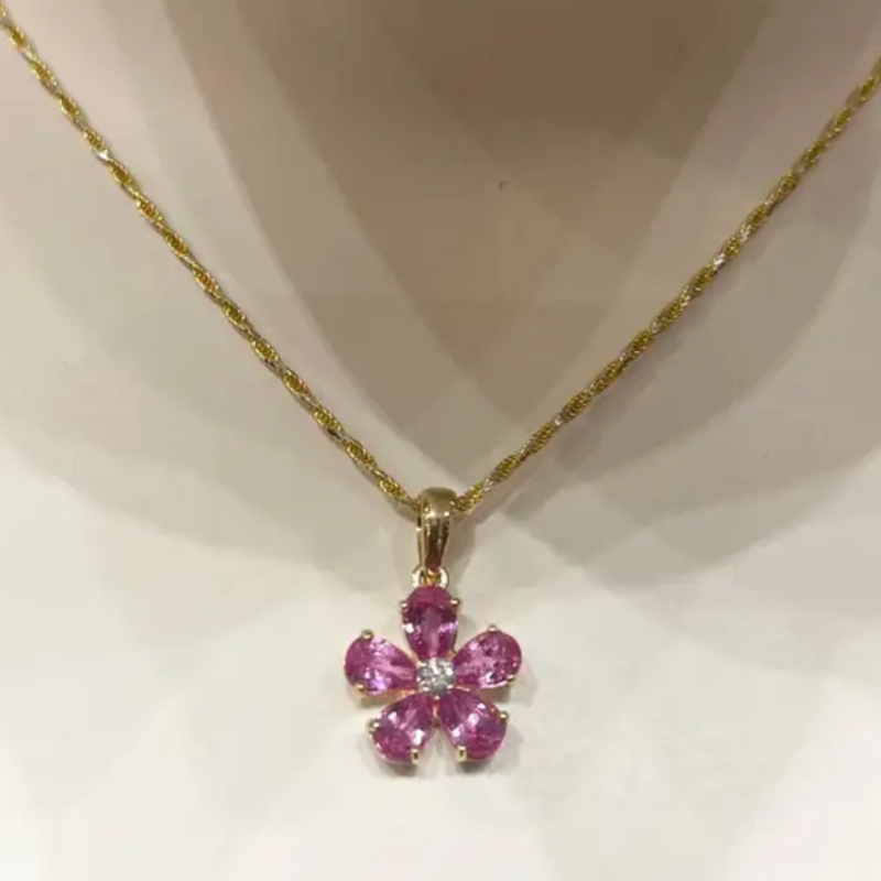JP0121L - Pink Sapphire with Diamond Flower Pendant set in 18K Gold Setting