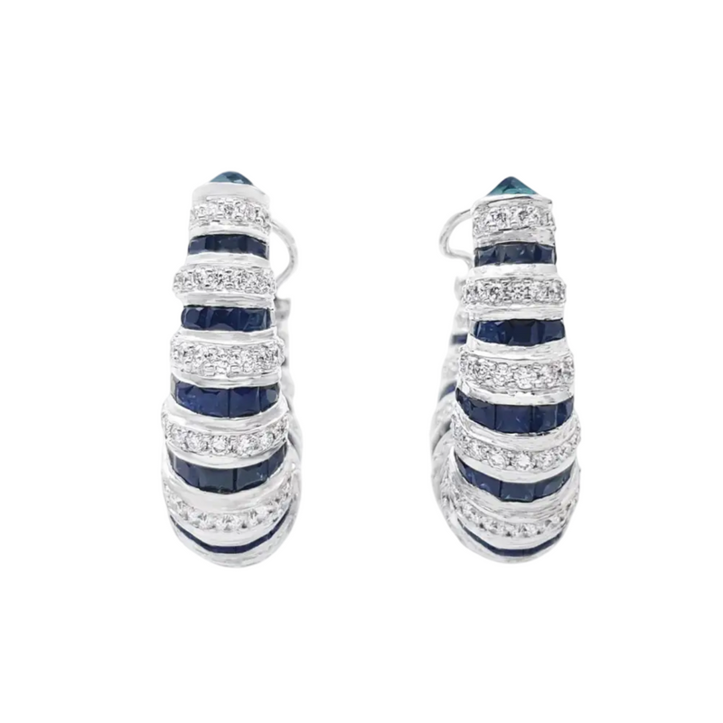 JE0370L - Blue Sapphire and Diamond Hoop Earrings set in 18K White Gold